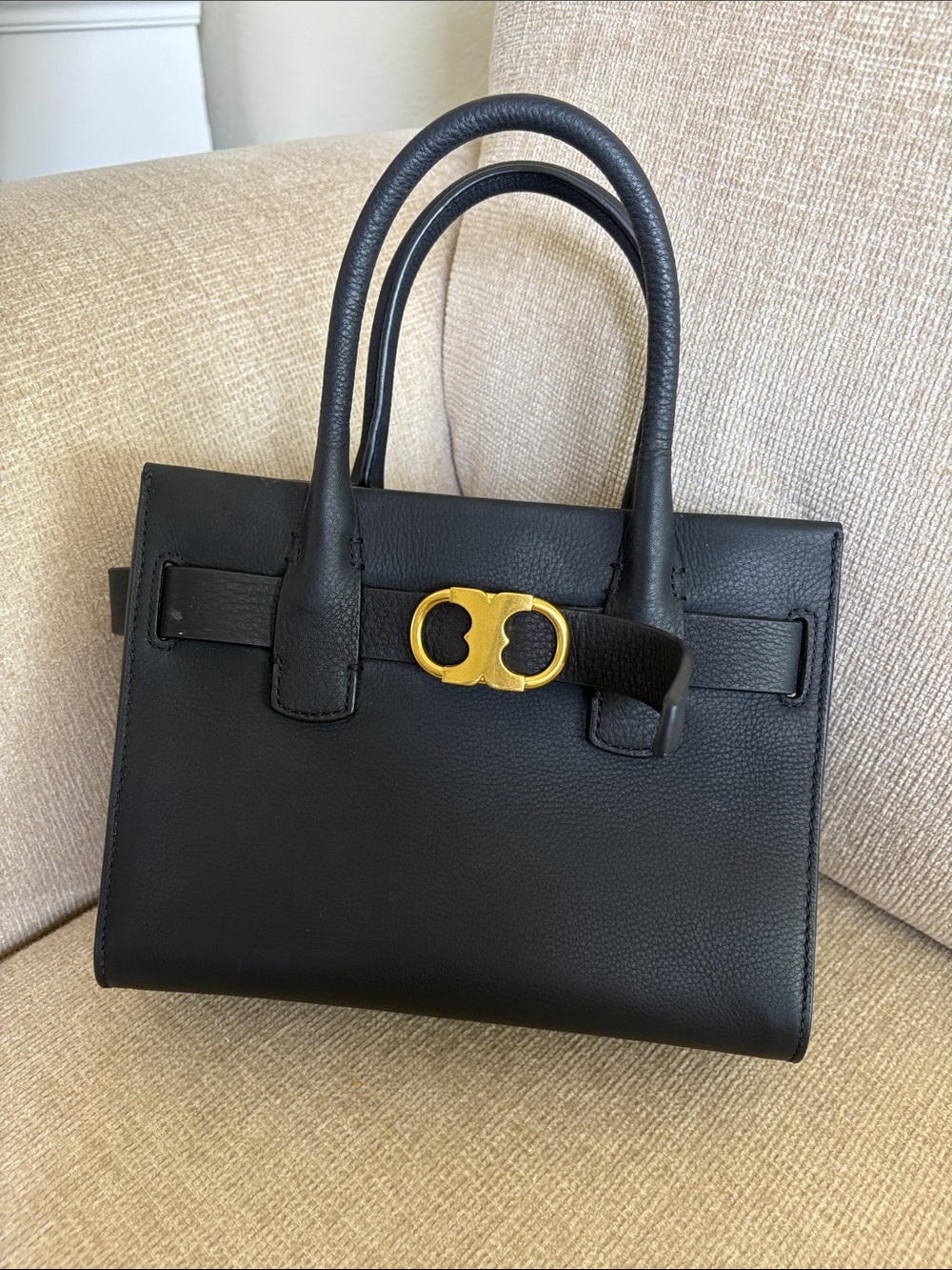 Tory Burch Black Pebbled Leather Satchel with Gold Hardware